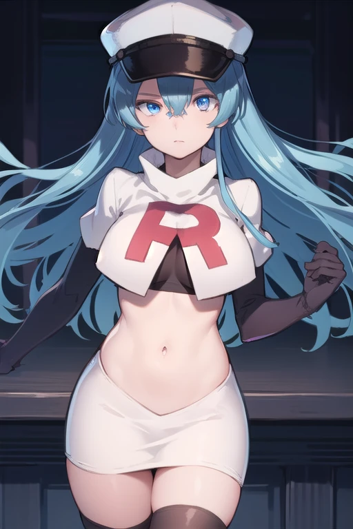 esdeath, esdeath, blue eyes, blue hair, long hair,
BREAK hat, ice, peaked cap, team rocket,team rocket uniform,white skirt,red letter R,crop top,black thigh-highs,black elbow gloves,
BREAK looking at viewer, cowboy shot,
BREAK (masterpiece:1.2), best quality, high resolution, unity 8k wallpaper, (illustration:0.8), (beautiful detailed eyes:1.6), extremely detailed face, perfect lighting, extremely detailed CG, (perfect hands, perfect anatomy),