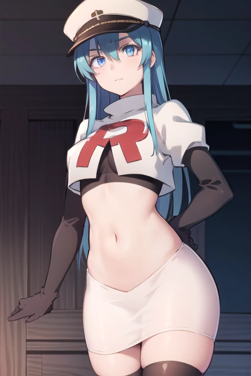 esdeath, esdeath, blue eyes, blue hair, long hair,
BREAK hat, ice, peaked cap, team rocket,team rocket uniform,white skirt,red letter R,crop top,black thigh-highs,black elbow gloves,
BREAK looking at viewer, cowboy shot,
BREAK (masterpiece:1.2), best quality, high resolution, unity 8k wallpaper, (illustration:0.8), (beautiful detailed eyes:1.6), extremely detailed face, perfect lighting, extremely detailed CG, (perfect hands, perfect anatomy),