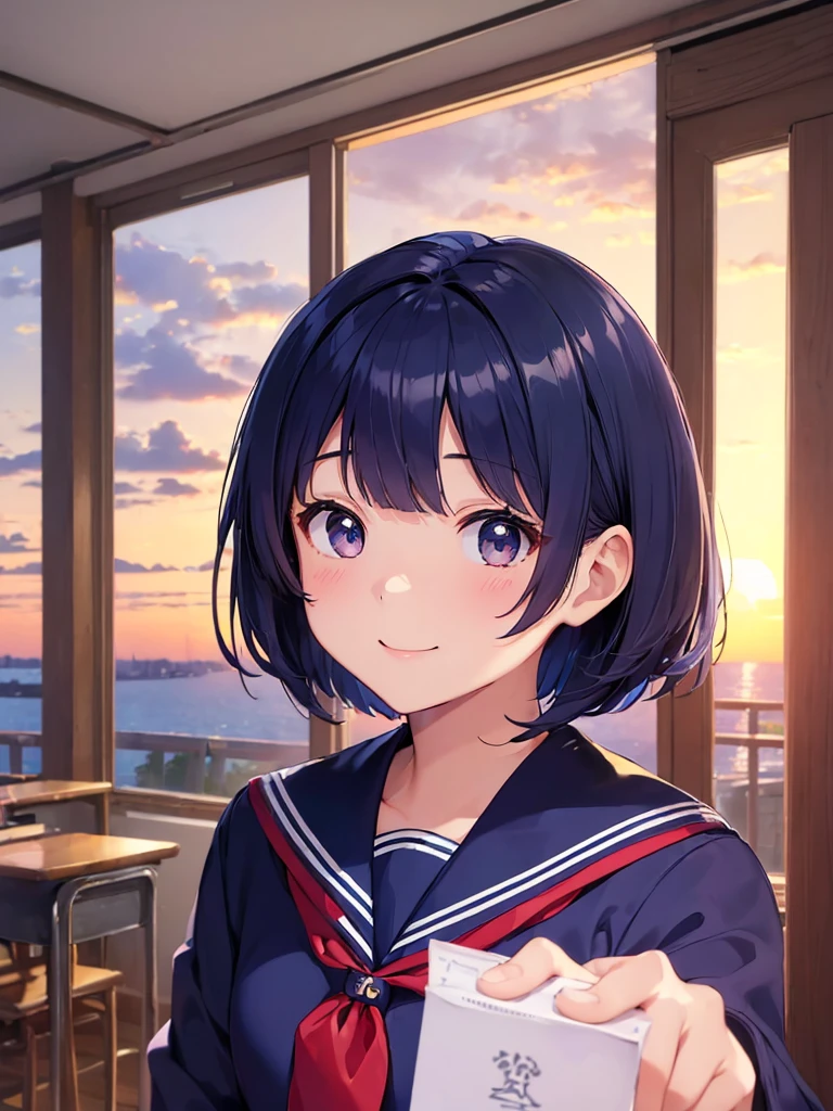 (((High image quality、masterpiece、High image quality)))、 Japanese High School Girls 、Long-sleeved navy blue sailor suit、School classroom, evening, sunset, short hair, Round Glass, Smiling Kindly, , ((Depiction of upper body only))