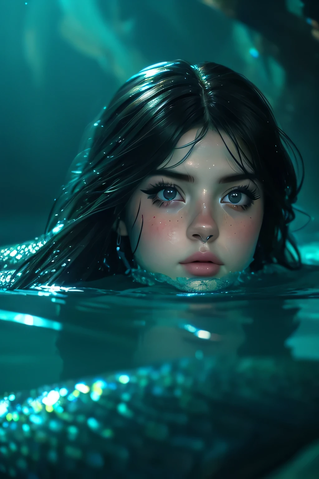 1girl mermaid, underwater, bright day, beautiful detailed eyes, jet black hair, intricate scales, shimmering iridescent tail, hyperrealistic, cinematic lighting, dramatic colors, volumetric fog, highly detailed, 8k, masterpiece, realistic, photorealistic, fantasy art