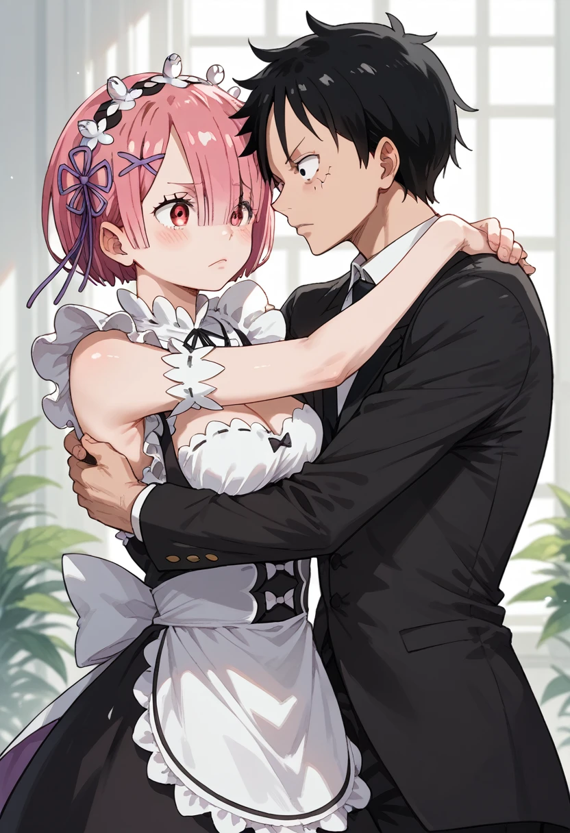 Luffy black suit black pants black tie black hair black eye hugging, ram\(re:zero\) 1 girl, roswaal mansion short hair, ribbon, hair ornament, pink hair, maid, hair ornament x_, breasts