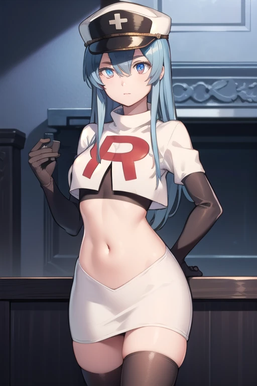 esdeath, esdeath, blue eyes, blue hair, long hair,
BREAK hat, ice, peaked cap, team rocket,team rocket uniform,white skirt,red letter R,crop top,black thigh-highs,black elbow gloves,
BREAK looking at viewer, cowboy shot,
BREAK (masterpiece:1.2), best quality, high resolution, unity 8k wallpaper, (illustration:0.8), (beautiful detailed eyes:1.6), extremely detailed face, perfect lighting, extremely detailed CG, (perfect hands, perfect anatomy),