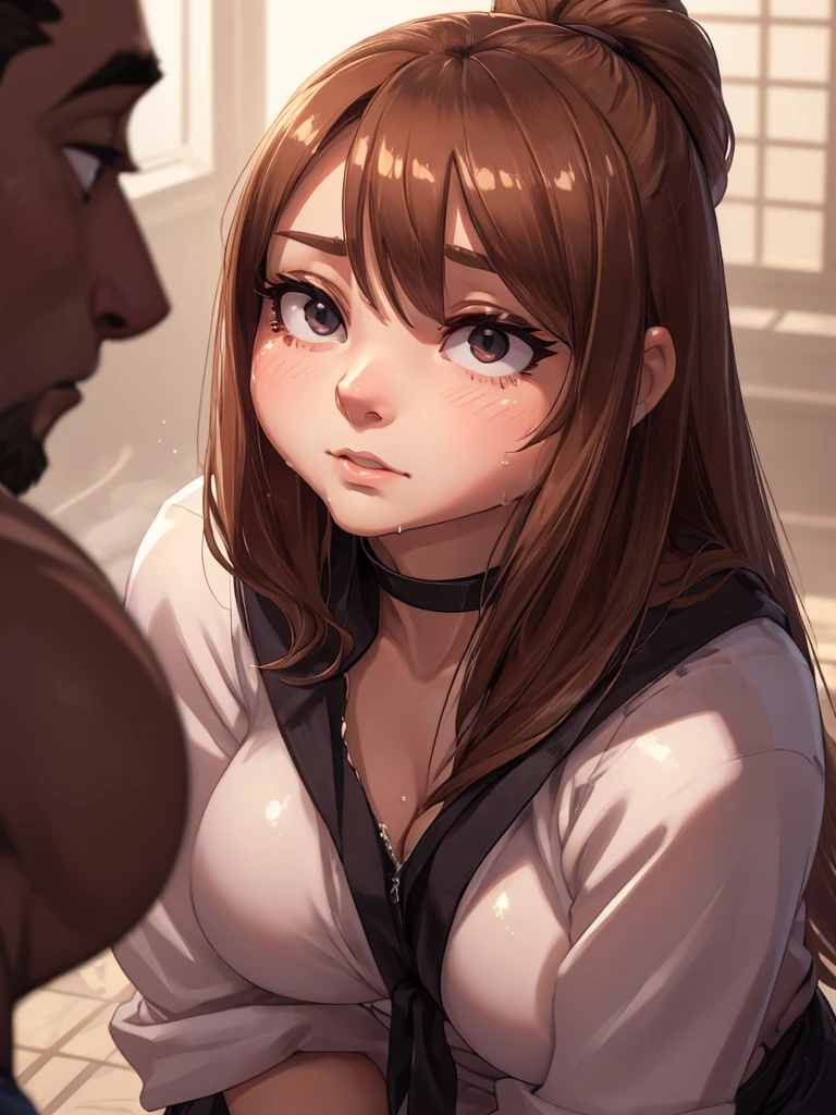score_9, score_8_up,score_7_up, score_6_up,source_anime, BREAK uncensored, official art, official style,anime_screencap , anime coloring ,dbj , qqx, cch, [[zjw]] , k10uk4,1girl,hair bun, brown hair, ,brown eyes , large breasts , beautiful lips , nude, naked , nervous,full face blush ,(((saliva))), from side, side view , side fellatio, (((deepthroat))) , (((vacuum))), (((motion lines))), (((motion blur))) , oral sex, blowjob, penis inside the mouth , bedroom , 1boy, (((Dark-skinned man))) , (((Muscular man))), (((ugly man))) , (((Size difference))), (((father and daughter))) , riding cock, huge cock, muscular cock, wide cock, fat cock
