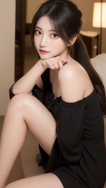 Best Quality, 8k, 32k, Masterpiece, UHD: 1.2), Araki asian woman sitting on bed, white blanket, very nice slim legs, wearing white clothes, sitting on bed, very beautiful slender legs, light milky white porcelain skin, sitting on the edge of the bed, sitting on the bed, milky white skin, slender legs, beautiful slim legs, sitting in the bedroom, white clothes