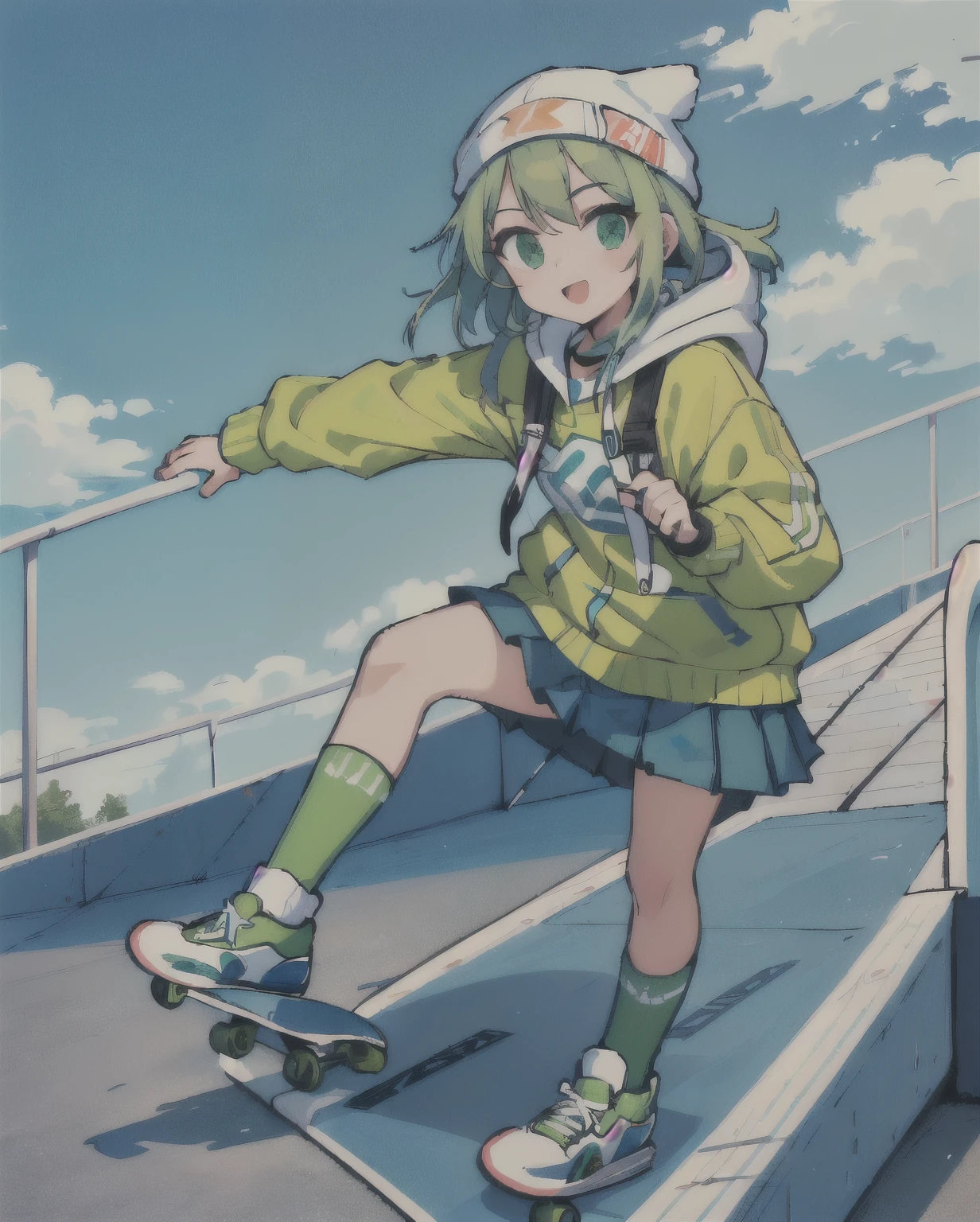 there is a young girl holding a skateboard on a skateboard ramp, skateboard, anna nikonova aka newmilky, skateboarding, skateboarder style, lime green, dasha taran, young teen, knee high socks, skatepark, sporty, wearing skirt and high socks, riding a skateboard, wearing kneesocks, standing on a skateboard, green clothes