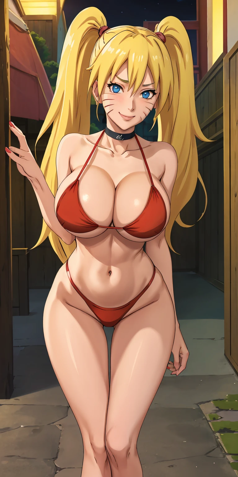 masterpiece, best quality, extremely detail 8k cg, high resolution, 1girl, solo, mature female, RedBikini_SexyJusuNaruto_Naruko_ownwaifu, 1girl, blonde hair, naruko \(naruto\), twintails, long hair, facial mark, whiskers, whisker markings, blue eyes, huge breasts, hair between eyes, bangs, swimsuit, red bikini, cleavage, bare shoulders, choker, collarbone, thigh gap, seductive expression, smirk, beautiful face, night time, konohavillage, outdoors, medium full shot