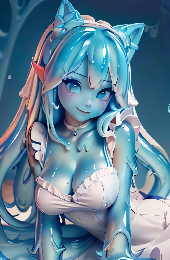  ((masterpiece,best quality,ultra-delicate,Perfect Face,16k,high resolution,very beautiful girl)),blue slime girl,high viscosity slime body,(blue skin:1.2),bunny ears,large breasts,purple bowtie,smile,full body shot