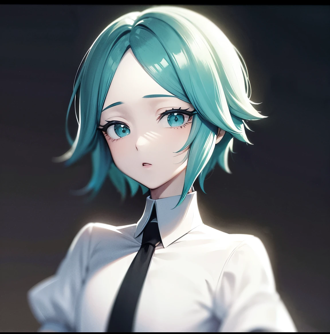 newest, absurdres, highres, sensitive, masterpiece, best quality, phosphophyllite, soloother focus, 1other, necktie, crystal hair, androgynous, short hair, looking at viewer, shards, aqua eyes, aqua hair, colored eyelashes, eyes visible through hair, short sleeves, upper body, cracked skin, shirt, crack, black necktie, collared shirt, puffy short sleeves, puffy sleeves, broken, border, white skin, colored skin,  parted lips, amputee,naked,suck penis viewer 