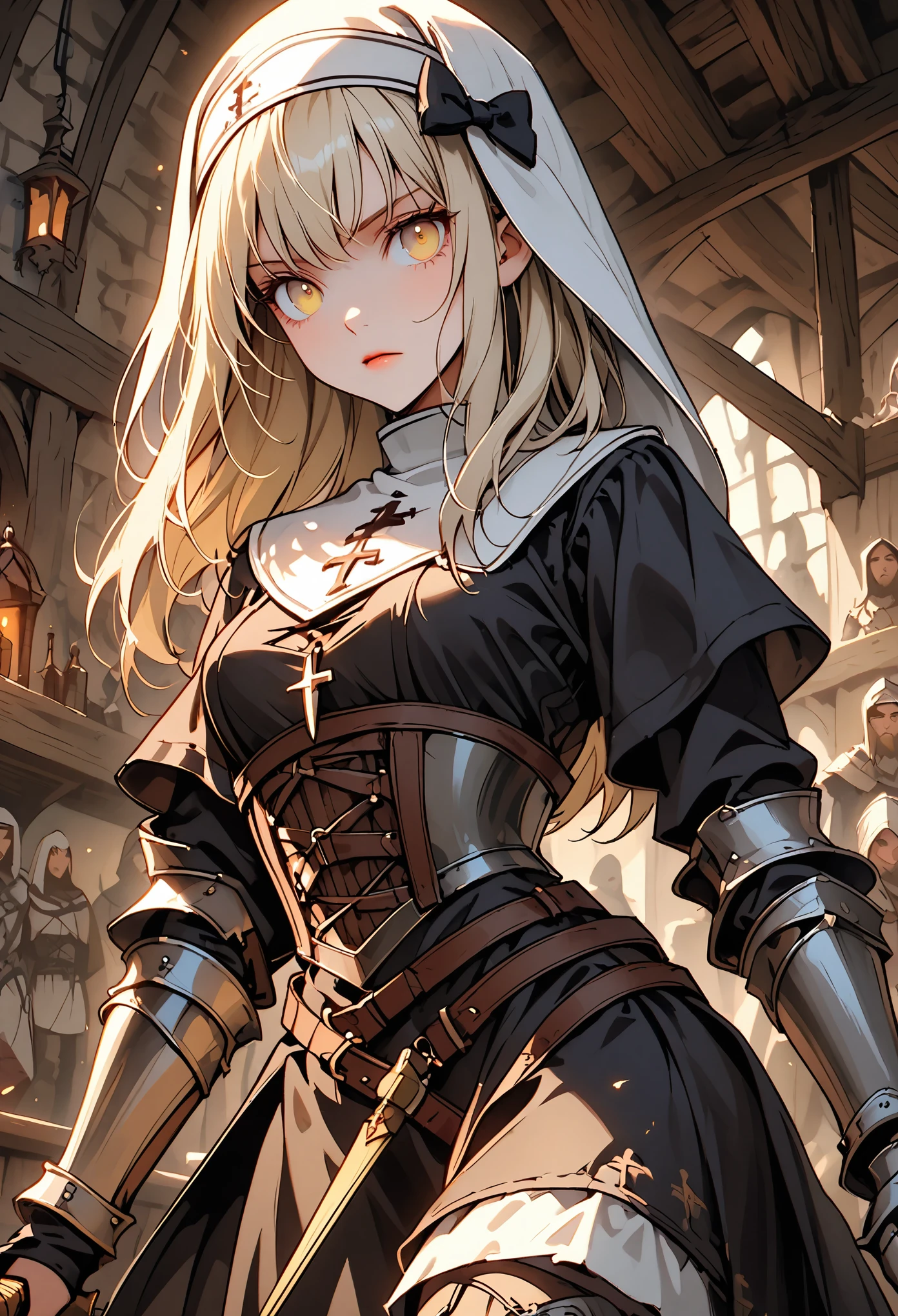 solo, female, close up, nun habit, armor, knight, armor corset, thigh boots, kuudere, medium breasts, medium straight hair, platinum blonde, light yellow eyes, stoic, cute hair bow, sword, medieval, tavern, stern