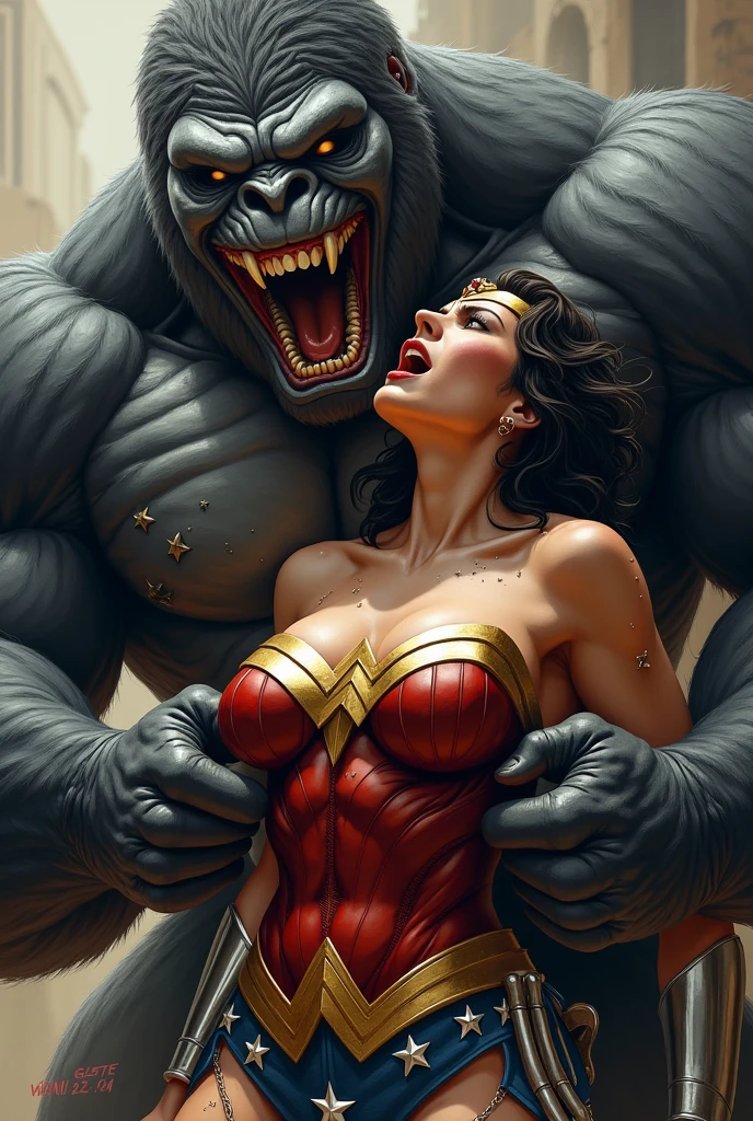 Gorilla and Wonder woman doggy style sex in the jungle, gorilla hold breast wonder woman. Wonder women looks very horny. Make realistic , 8K, ultra HD. Detail . Cum in face
