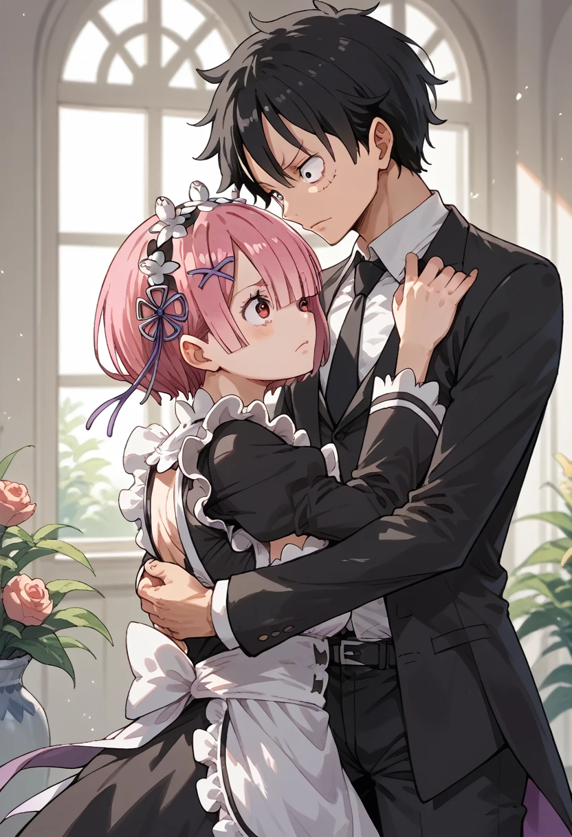 Luffy black suit black pants black tie black hair black eye hugging, ram\(re:zero\) 1 girl, roswaal mansion short hair, ribbon, hair ornament, pink hair, maid, hair ornament x_, breasts