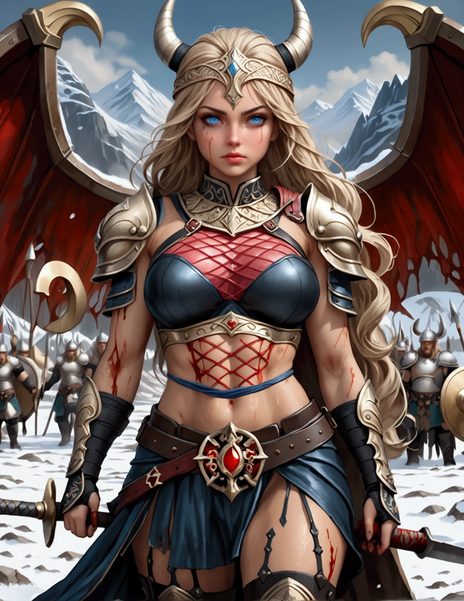 High resolution ultra-realistic of Beautiful Viking Warrior girl, Intricately designed iron full body armour, (standing on a bloody snowy battlefield in epic bloody Battle: 1.5), dark fantasy style, wavy blonde hair, nice dirty pale face, oily skin, full body, realistic firm athletic body and figure, beautiful blue eyes, 8k, ultra realistic, hyper realistic, highly detailed, curves, Beautiful Freya Allan as Viking Warrior girl, wavy blonde hair contrasting with the frosty atmosphere, reminiscent of Alex Grey's and Dan Mumford's art styles, beautiful perfect close-up pupils, daylight, high contrast, colorful polychromatic, beautiful firm Breasts, defiant and seductive, wet oily shiny skin, ultra detailed, (Intricately Designed dirty face: 1.3), Cinematic clorful lighting, realistic body and face, Photograph Taken on Nikon D750, Intricate, Elegant, Digital Illustration, Scenic, Hyper-Realistic, Unreal Engine, CryEngine, Octane Render, Artgerm, WLOP, Greg Rutkowski, 8k ultra high resolution concept art, hyper-defined, sharp focus, echoing, (hyperdetailed body and face: 1.3), Atrractive, Atrractive 21 years old woman, attractive bust girl, asymmetric balance