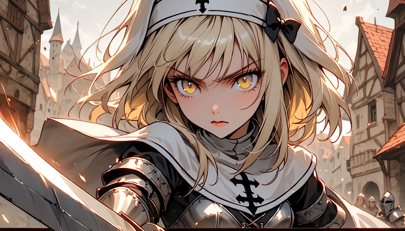 solo, female, close up, nun habit, armor, knight, armor corset, thigh boots, kuudere, medium breasts, medium straight hair, platinum blonde, light yellow eyes, stoic, cute hair bow, holding huge sword, medieval, town, sternfighting, 