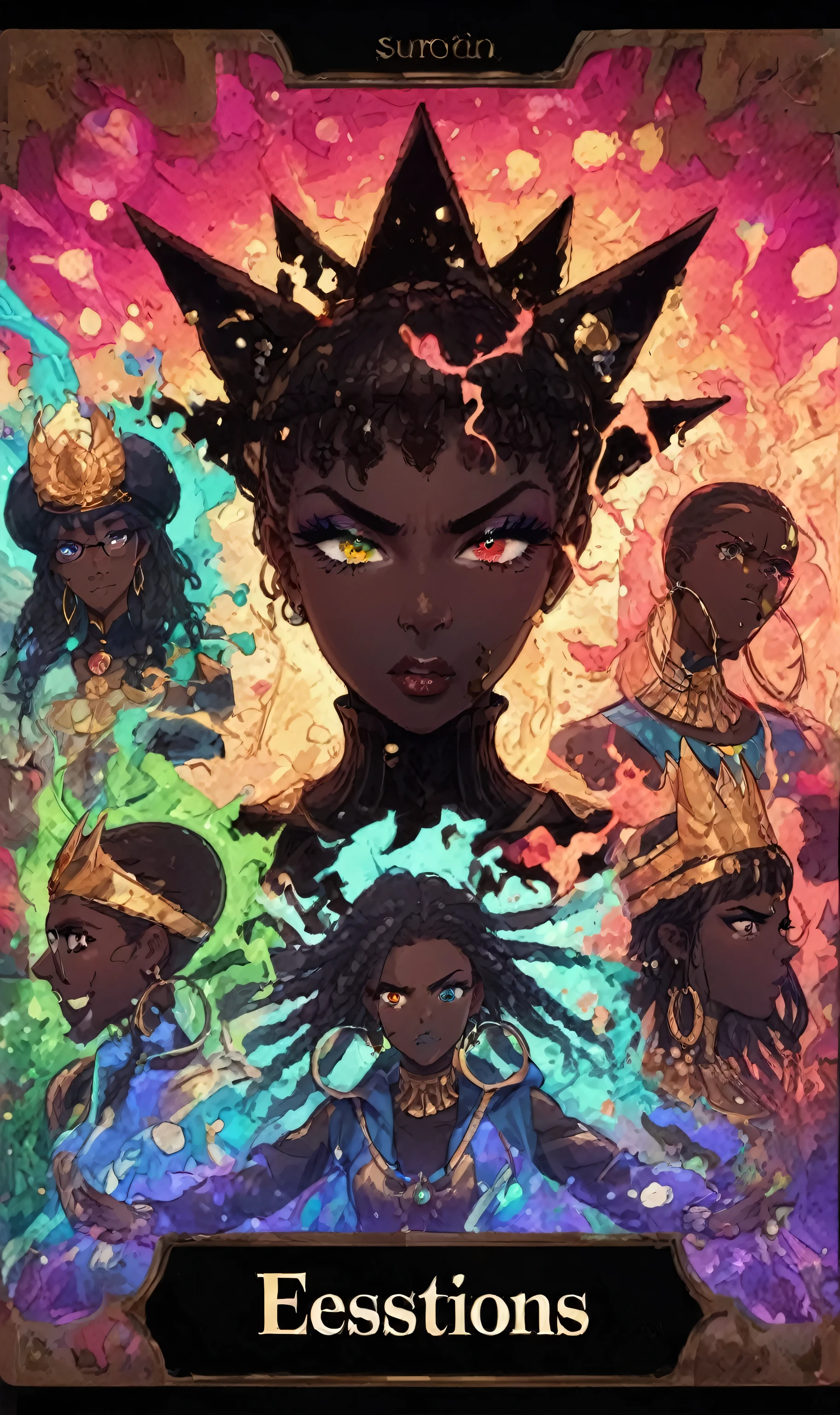 the "emotions" tarot card , tarot card showing multiple versions of Sassy. Sassy is beautiful african-caribbean, very darkskin black woman, defined muscle, bubble but, toned abs, shortie, wide hips, firm chest, voluptuous perfect oval physique, top-heavy, glasses, big hooded orange-gold heterochromia eyes, very long black braids, Nubian nose, heart-shaped face, dark chocolate complexion. she is shifting through a range of emotions starting from,happy, lovestruck, neutral, sad ,angry,sweet, and carnal atmosphere, a multicolored colorshit, shattered art, blacklight ,ultra high resolution, cinematic scene, Surrealist, semirealistic , highly-detailed, ,4k, hyper resolution cel-shaded, anime screencap, best quality, expressive eyes, perfect face, perfect anatomy, perfect physique, perfect hands, Cinematography, Dynamic scene, dynamic angle, dynamic perspective, dynamic scenery,pin-up , chaoscore, dynamic pose, dynamic shading , Raw sensuality, untamed carnality, dynamic line of action