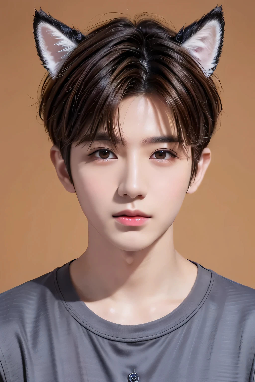 1 male、8Ｋ、Best Quality、masterpiece、(Upper Shot)、(Simple Background)、(Wearing dog ears:1.23)、Brown Hair、Short Hair、(Realistic skin texture:1.1)、piercing