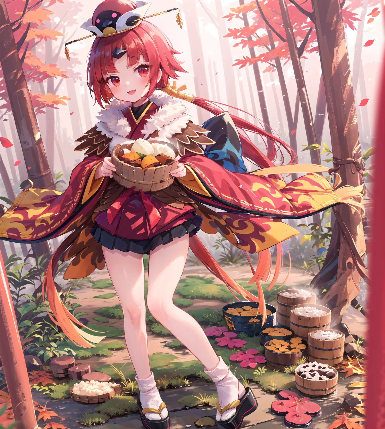 ((masterpiece,best quality:1.2)),((Baked sweet potato in bucket:1.2)),Autumn forest:1.2,autumn leaves,smile,1girl,be_nienma,((red japanese clothes:1.2)),red hair,2 small white pom-poms,parted sleeves past wrists,Black mini skirt,hat,土