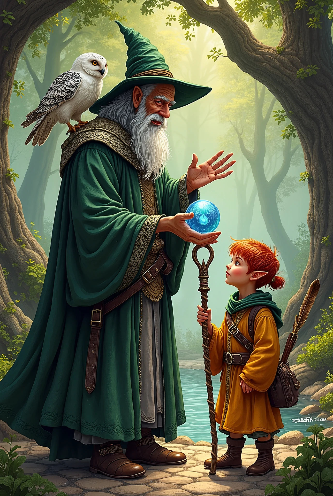 (Ultra-detailed face, Looking away, Fantasy Illustration with Gothic, Rich tone colors, There is one god and one hobbit.), BREAK 
(One is an old human figure with gray hair, gray eyebrows, a white mustache and a white goatee. His round ears are hidden by his hat and hair. He wears a green wide-brimmed wizard's hat and a shawl of silver dragon scales with a large gold circular clasp around his shoulders. He wears a foot-long green robe, gray on the inside and embroidered with silver dragons on the outside. He wears short, soft green leather boots. A brown leather bag slung diagonally over his shoulder. In one hand, he carries a staff about his height made from a willow branch. A crystal ball resembling a dragon's eye is attached to the tip of the staff, emitting a holy blue light. A white owl perches on his shoulder. It looks at the hobbit with a kindly gaze.), BREAK 
(The other is a young adult male hobbit, about 120 centimeters tall, with red hair, tied in a bun on top of his head with the rest of the tassel hanging down the back. He has healthy wheat-colored skin. He has small, pointy, elf-like ears and sparkling eyes full of curiosity. She wears a short, bright orange robe with a hemp rope wrapped around it like a belt and a yellow tunic. She wears short brown soft leather boots. She carries a cane as long as her height, with a two-way split at the end. At the end of the two-timed cane is a feather ornament and a leather strap for shooting stones at a distance. He speaks to the old man with hand gestures.), BREAK 
(A clear spring in a natural forest can be seen, and sunlight shines through the leaves of a large tree, illuminating them like a spotlight. A fresh gentle breeze is blowing, seemingly full of life.)