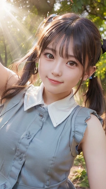 Upper body, Forest, beautiful Asian girl photos, cool feelingadvanced photos, western beauty, black High ponytail with a pinch of bluered suspender sleeveless vest, smile face,wink pose,Jean jacket, white lace line around the neck, artistSargent's color, realistic facial features, beautiful lights, extremely beautiful facialdetails and delicate eyes, clear and three-dimensional facial features, 32K --ar 9:16 --niji 5