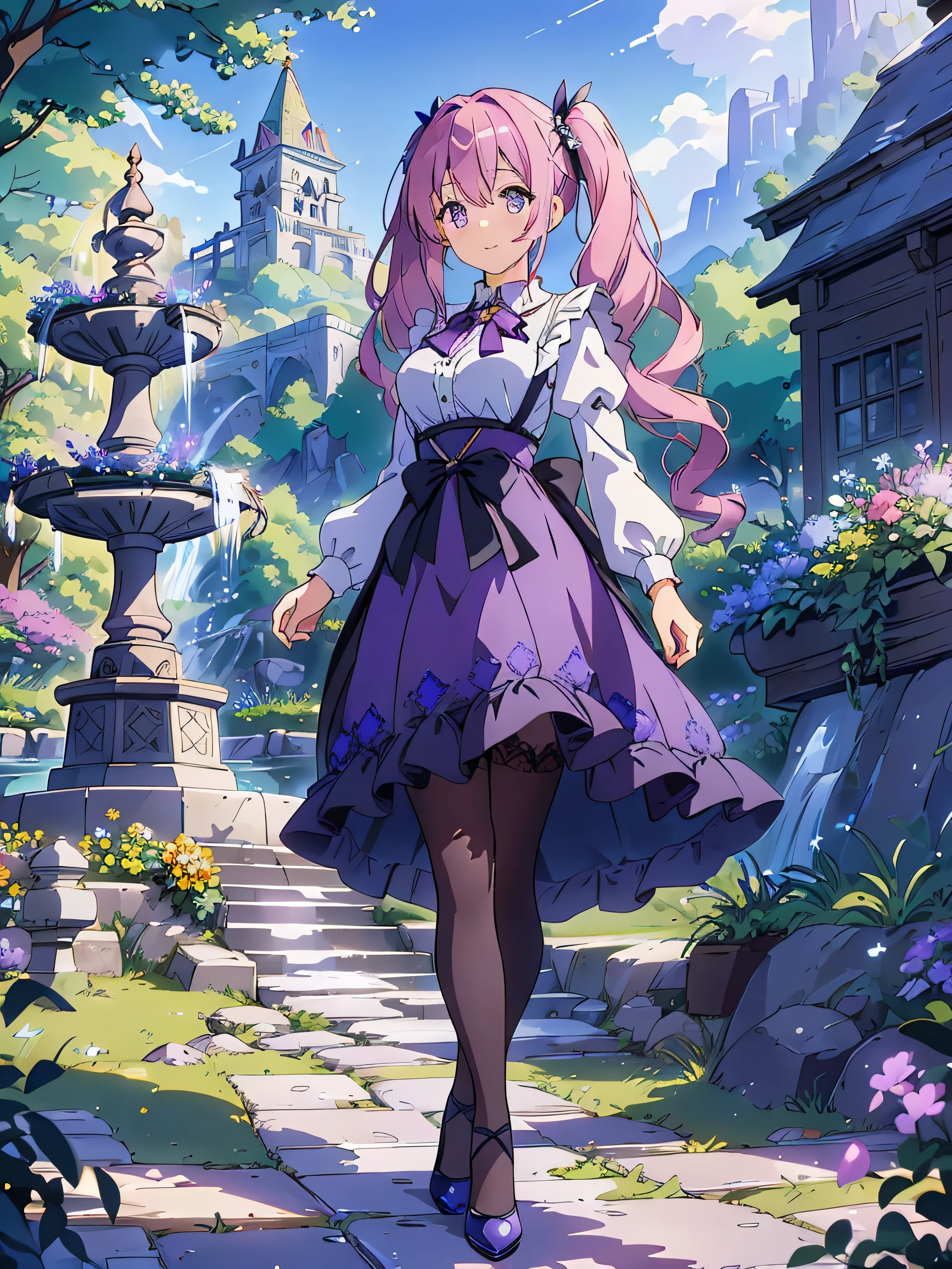 ((8k, Highest quality, masterpiece: 1.3)),Ultra-high resolution,(1 girl, alone), Highly detailed dark purple eyes, Highly detailed face, Pink twintails

A graceful anime-style girl with pink twintails, elegantly styled with hair clips, is walking through a picturesque fantasy landscape. She wears a navy-blue dress over a white blouse, with gold-button details accentuating her waist, and her delicate black stockings and deep-blue heels. 
Her purple eyes convey calm intelligence, and she walks with a thoughtful expression, one hand lightly touching her chin. In the background, vibrant green hills stretch towards towering cliffs, and the area is adorned with lush flowers and ancient, white stone pillars that reflect the sunlight. A crystal-clear fountain sparkles in the distance, with streams flowing through the idyllic valley, and windmills turn slowly under the bright, blue sky. The serene beauty of the scene complements her graceful presence, as she strolls along the stone paths, appearing to search for something amidst the peaceful surroundings.

