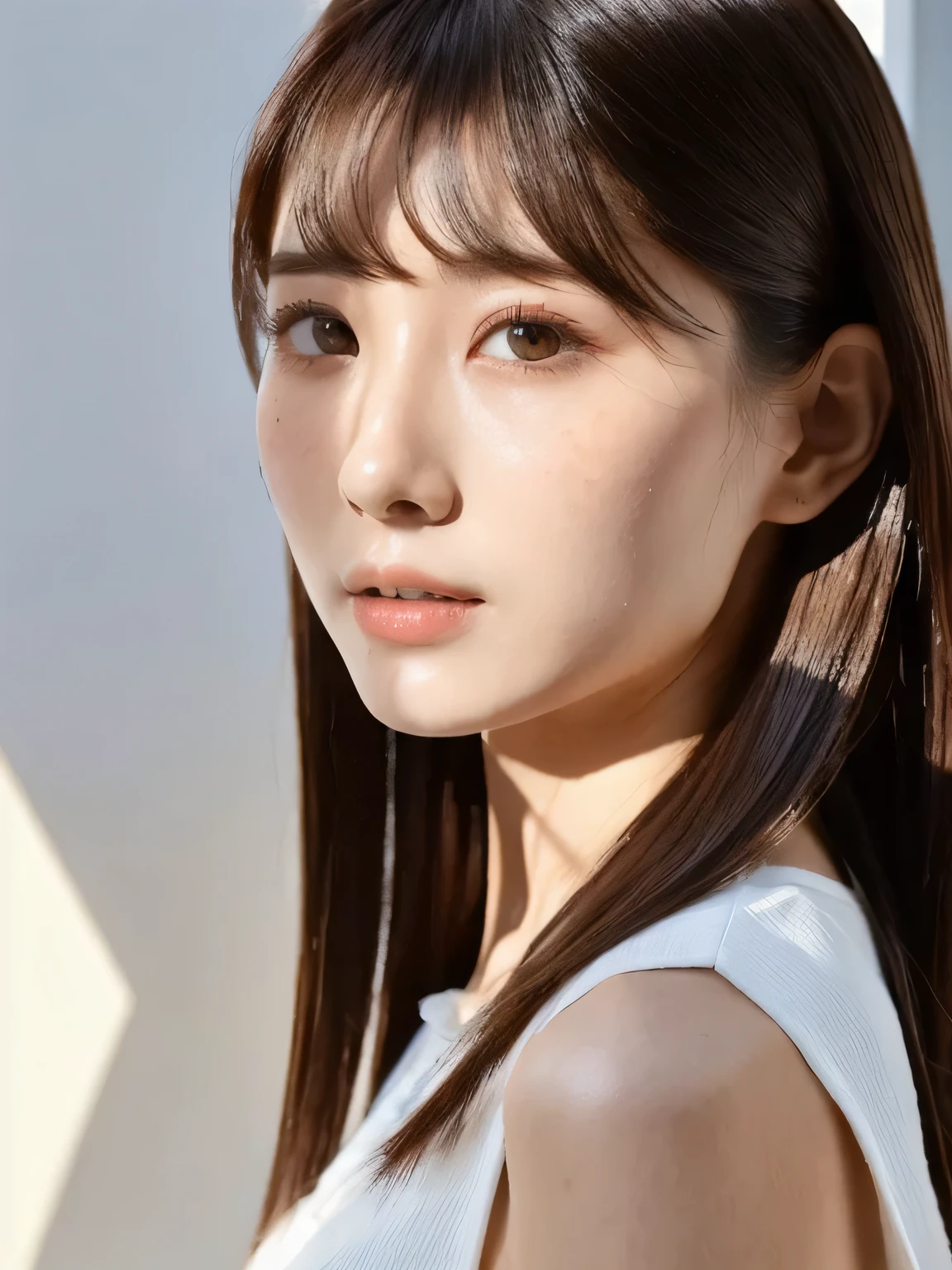 highest quality}, {{masterpiece}}, {very delicate and beautiful},outstanding light and shadow, Highly detailed living room,clear and bright sunlight,1 girl, idol dressed、gaze looking beyond,black side,strong sunlight,delicate and messy hair,realistic skin texture, whole body with clear pores and skin wrinkles