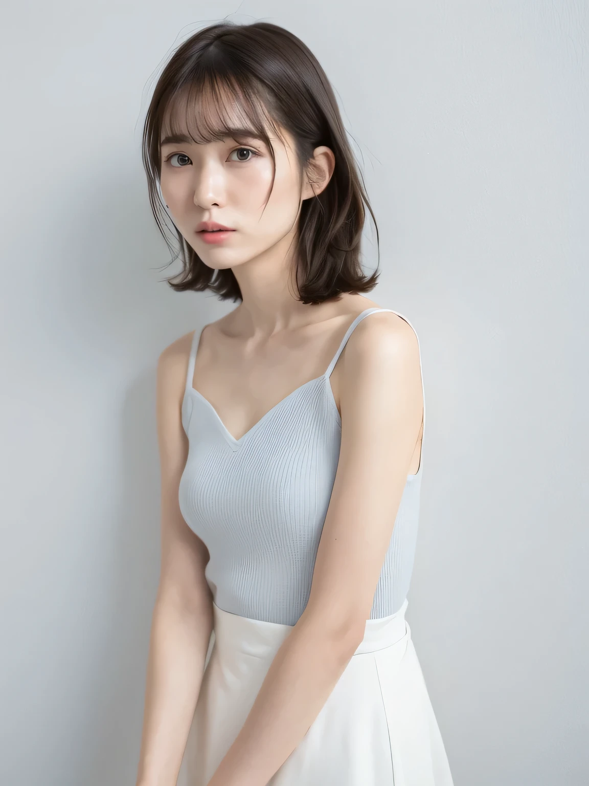 ((highest quality、8k、masterpiece:1.3))、ultra high resolution、(photogenuineistic:1.4)、RAW photo、
see-through tops, small breasts,flat chest, camisole、
(background with white wall、Part of her hair is sky blue:1.4)、white wall、Taken in front of the white door、(White wall room with window)、
Full body shot,
Japanese,(face)、genuine、
Photographed in natural light、Highly detailed face and skin texture、highly detailed lips、correct state of the human body、short cut hair、black hair、Natural Color Lip,
various poses