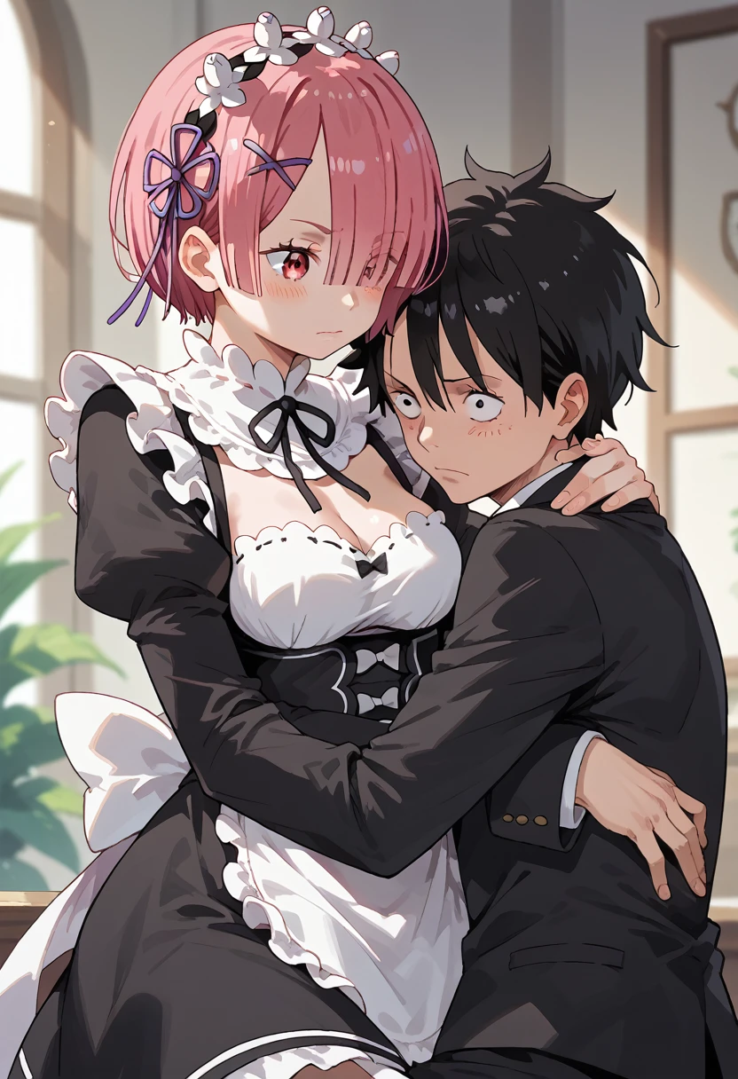 Luffy black suit black pants black tie black hair black eye hugging, ram\(re:zero\) 1 girl, roswaal mansion short hair, ribbon, hair ornament, pink hair, maid, hair ornament x_, breasts