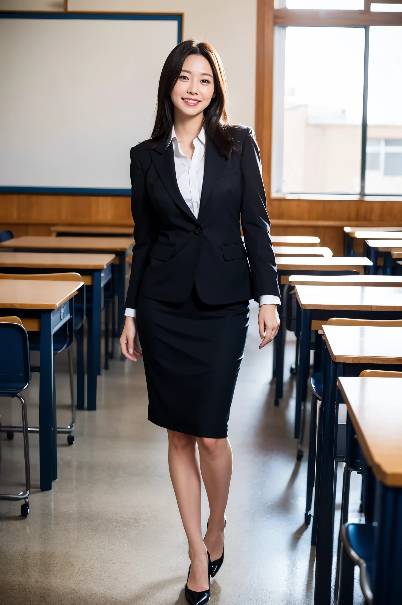 Best Quality, Mastepiece, Photorealistic, It is high resolution., 8k　Raw photo,Solo, 1girl, 30 years old、Standing in a school classroom、smile、gentlemen、business suit、skirt、High heels