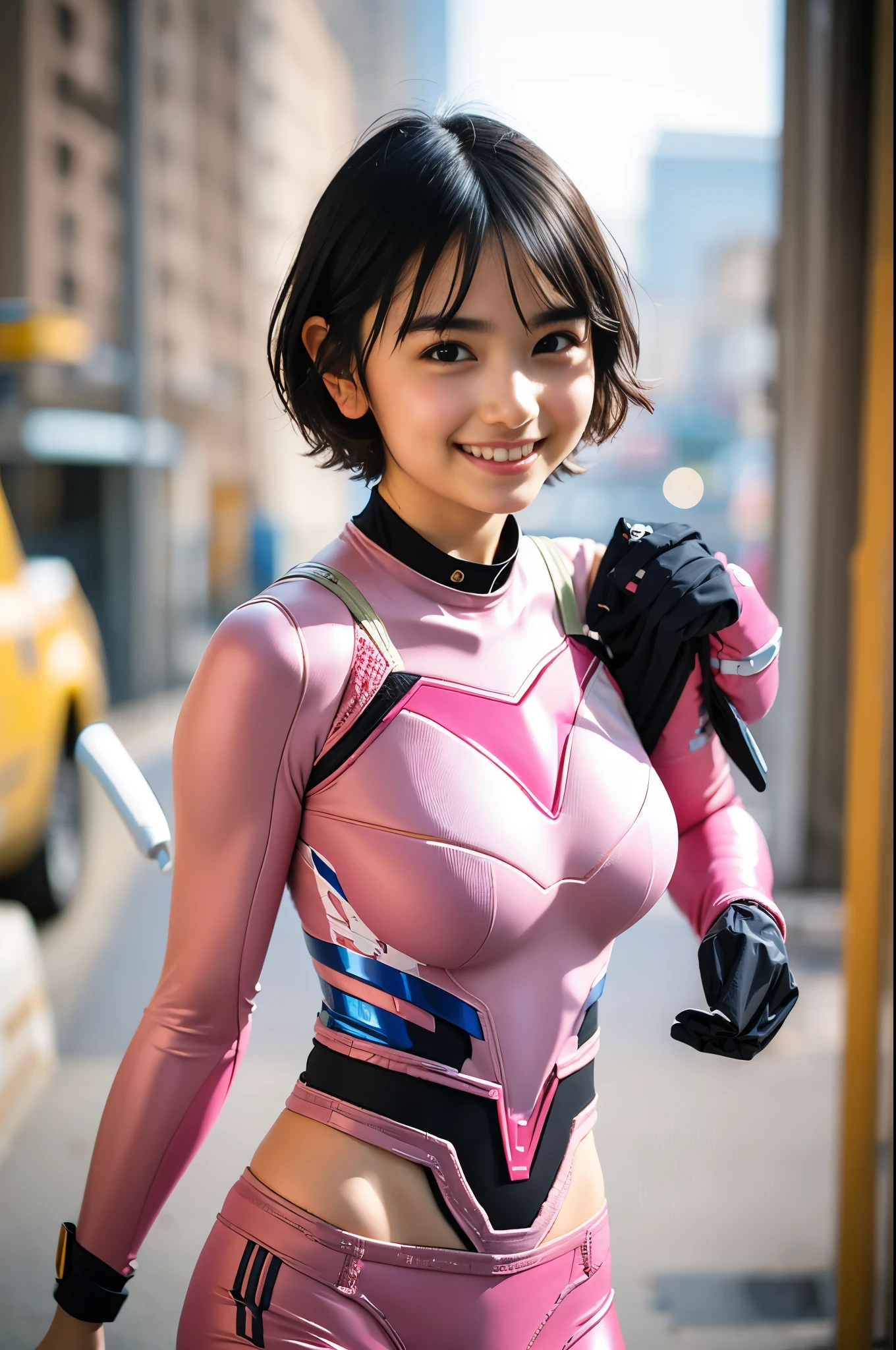 (8k、Raw photography、Best Quality、masterpiece:1.2),(Black Hair、Dark Eyes:1.9),(Pink Ranger、Plug Suit:1.7)、View your audience,Front View,White skin,(very short hair:1.4)、(Tight waist:1.6)、(Clothes that accentuate the shape of the breasts:1.4)、(Big Breasts :1.4)、Slim figure、Ultra-high resolution,beautiful,beautiful fece,(One person、No background:1.9),whole bodyボディー,Japanese women,(reality的:1.37)、Photon Mapping,reality、(-face cute: 1.2)、(Cute Smile: 1.8)、(Round face: 1.8)、Radio City、Physically Based Rendering、Depth of field rally background、photograph, (:1.8),(:1.6),whole body、Great quality
