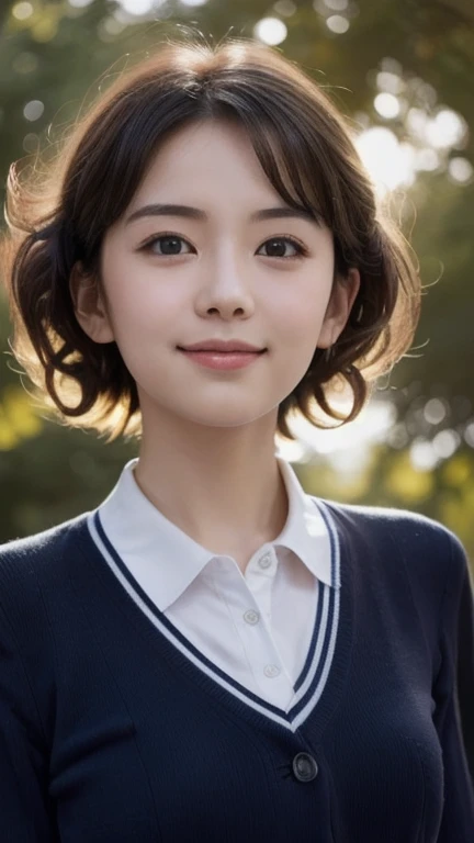 (Best Quality,masterpiece:1.3,Ultra-high resolution),(Super detailed,Caustics,8k),(Realistic:1.4,RAW shooting),1 girl,(Smiling and looking down at the camera),( Front Shot :1.1),(Look forward),18 years old,cute,Japanese,((adorable curly hair)),School Uniform,glamorous,(big ),( close),((((Bust Emphasis)))),street tree、((((Sunshine filtering through the trees)))),Natural Light,(Backlight),(A bright light shines from above),(Lens Flare), professional lighting,( cowboy shot),(Low position:1.3),(Low angle:1.3)