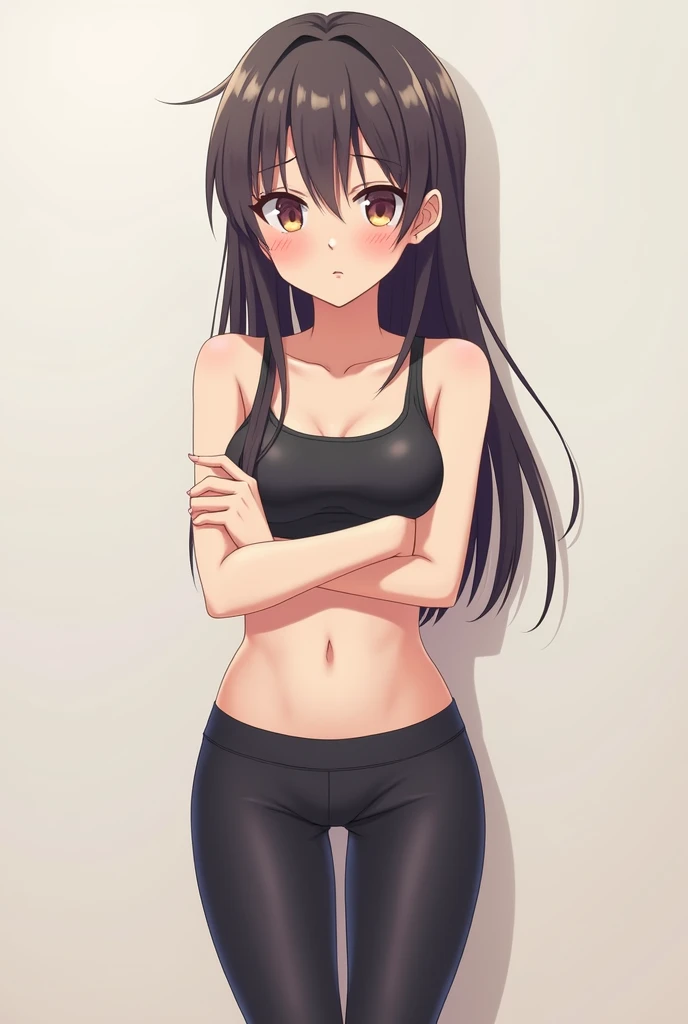 Young girl,black gym top,black gym shorts, futanari,penis bulge,brown eyes,big breasts,average ass,defined body,thin body,from the front,((erection under shorts)),((Short bulge)),short bulge,white skin color,
long black hair,hand on top of the bulge showing the bulge,mischievous smile