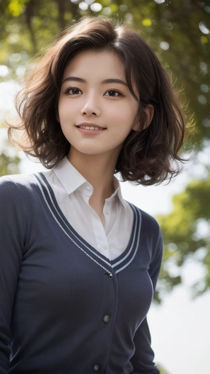 highest quality, masterpiece, Ultra-high resolution,8k, (Realistic:1.6), (Facing portraits) RAW Photos, 1 girl, 22 years old,((Miniskirt Uniform)),((short hair)),((Wear a bandana on your head)),((Looking up at the audience)),Realistic,((Simple solid color background)), Image Media Chest)),((Smiling with teeth showing)),