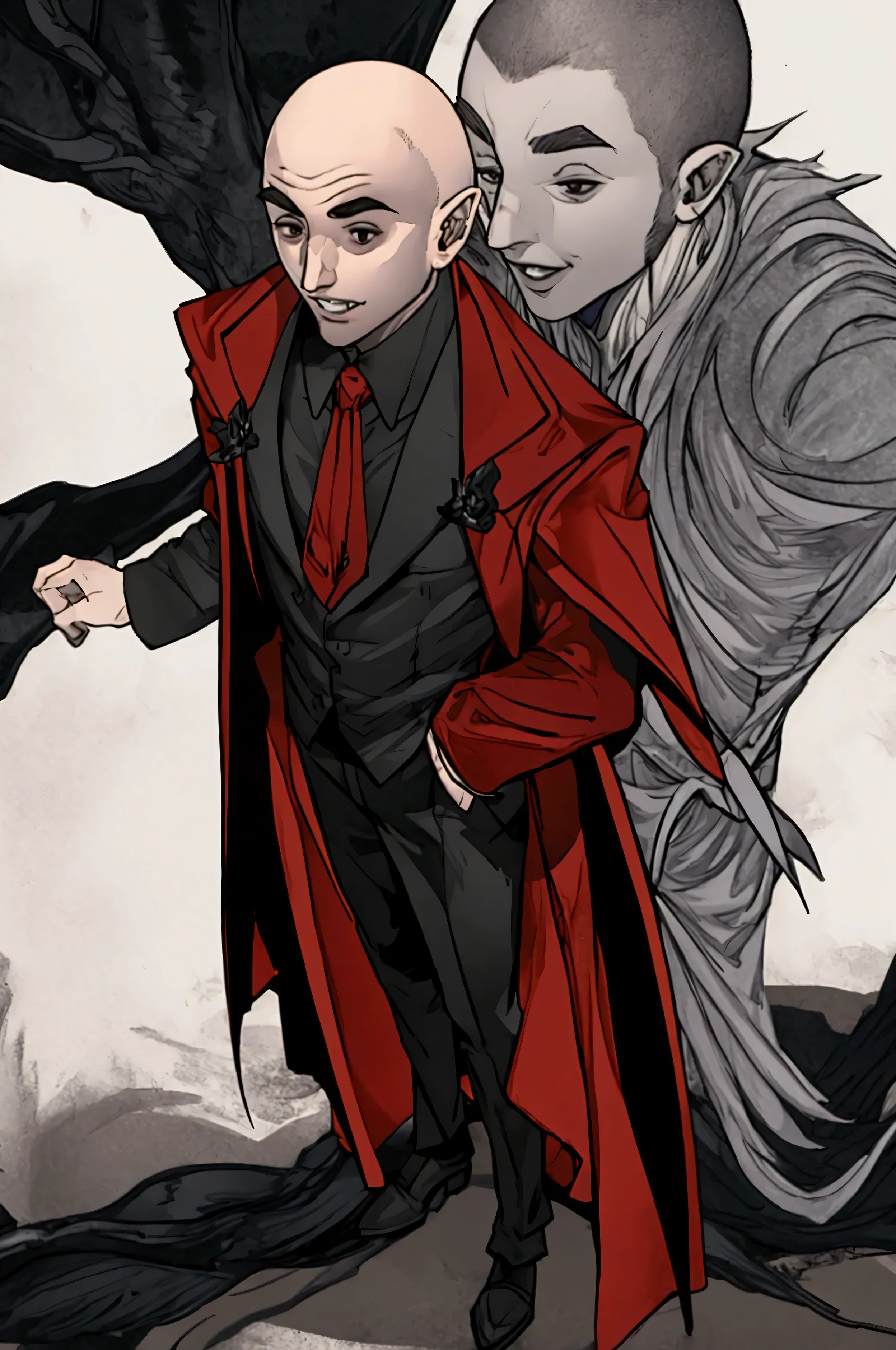 A young man, bald, vampire fangs, pointy ears, fullbody.