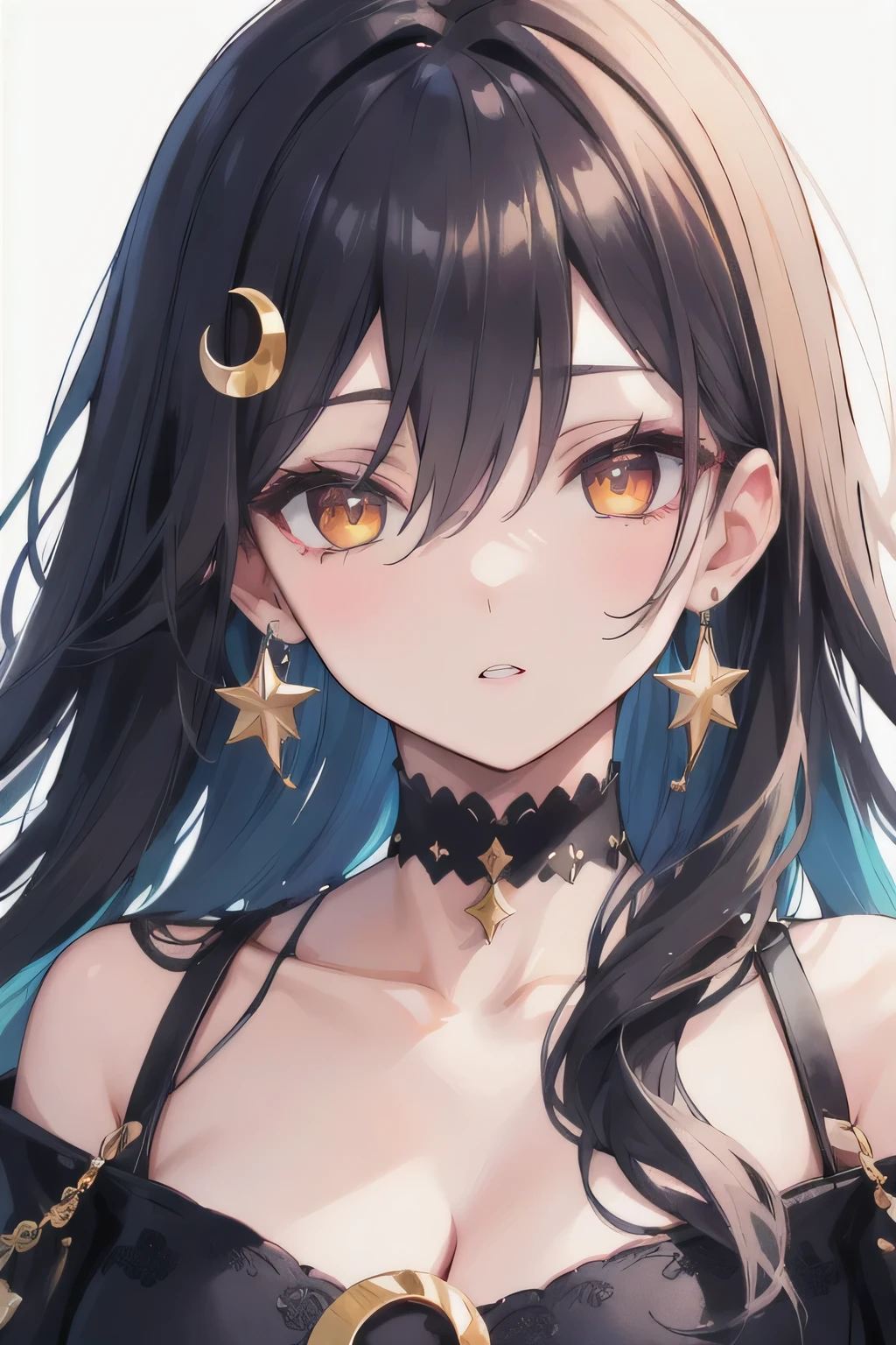 score_9, score_8_up, score_7_up, score_6_up, 1girl, solo, jewelry, earrings, parted lips, looking at viewer, hair between eyes, crescent, long hair, portrait, collarbone, gem, crescent earrings, close-up, multicolored eyes, crystal, bare shoulders, yellow eyes, star \(symbol\), eyelashes