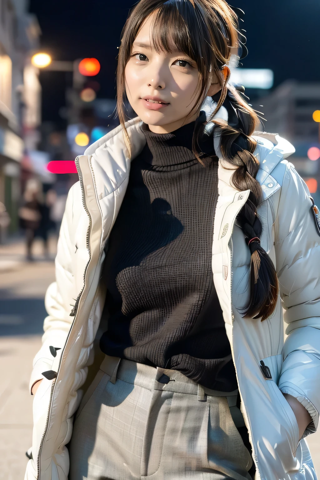 ((RAW photo:1.2)), ((masterpiece:1.2, best quality:1.2)), highres, 8k, amazing, (photo-realistic:1.4), naturalness, ultra detailed, (best shadow), (exquisitely detailed real skin texture, Detailed shiny skin), (perfect anatomy:1.7), (cinematic lighting), glowing eyes,
BREAK
(flat chest, slim body, thin legs, long braid hair, (short Down jacket),tunic sweater,Slim fit pants), winter, (in city), deep dark, deep night, unstable atmospheric, smile