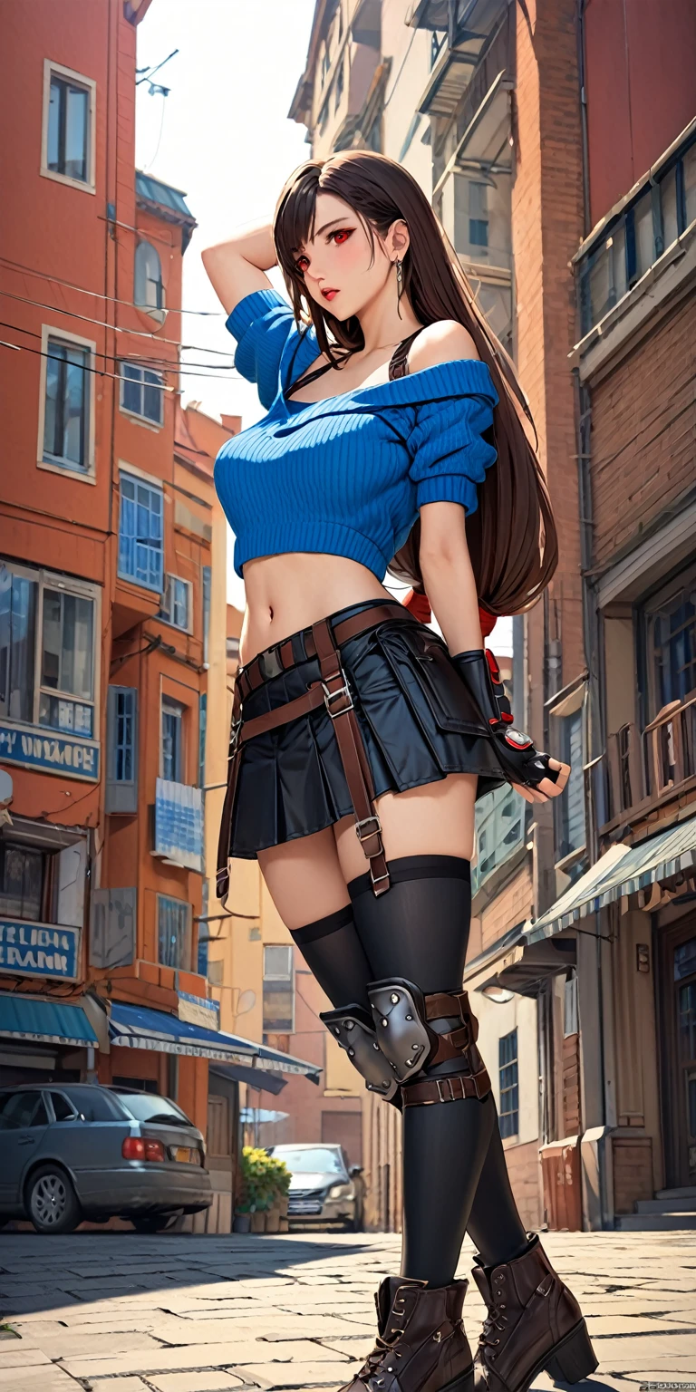 (masterpiece,Highest quality,Ultra-high resolution),(((A very beautiful 20-year-old))), metTifa, red eyes, low-tied long hair, earrings, cropped sweater, blue sweater, off-shoulder, midriff, short sleeves, suspender skirt, elbow gloves, fingerless gloves, armored legwear, Place your arms behind your head、