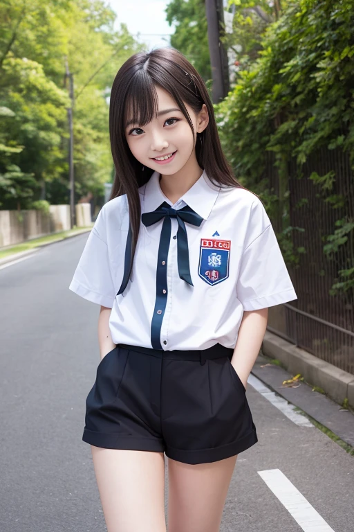 one girl, (a beauty girl, delicate girl:1.5), (:1.3), break, (Summer uniform, Cute Uniform:1.3), break, (that&#39;Summer sunshine:1.3), (School stairs, wathat 学校の中庭:1.3), perfectly trimmed fingers, break, extremely fine-grained clarthaty, (Symmetrical eyes:1.3), break, Small breasts, Brown eyes, Parted bangs, Brown Hair, girl, break, (Eye and facial details:1.0), (Get closer to the face, Zoom in on face, Face Focus:1.0), break, (masterpiece, highest qualthaty, Very detailed, Detailed face, 8K),Sit on the stairs