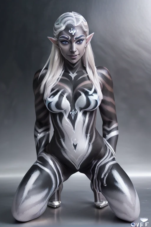 (SFW:1.3), High quality, Elf, (Full body silver body paint:1.5), (Black gradient paint towards the tip of the arms and legs:1.2), Silver body paint, Silver makes up, (Black ombre stripe pattern body paint:1.5),  (White ombre stripe pattern body paint:1.5),Photorealistic, Bat feathers, silver hair, large breasts, realistic, kneeling, smile, blue eyes, bikini