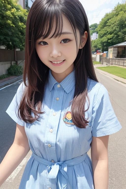   High quality masterpiece  , 8k, , Japanese Girls, RAW Photos, Absurd, Winner portrait smile face, 笑face, Alone, Uniform, Summer Clothes Idol&#39;face, violet, Gardenia, Delicate girl, Long black hair, Dark Eyes, Upper body digital SLR,    Observe the audience, Frank, Sophisticated, Like々Shii, Thin arms,    professional lighting,   FILM GRAIN,    chromatic avalations , (Details of the eye and face: 1.0), (Bokeh button:1.1)