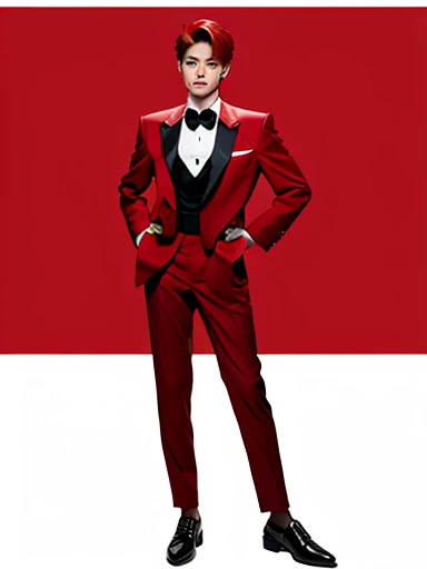 Full Body Photo 、 8K HD High Quality Image 、 Studio Background 、 Natural Face, Accurate 、Korean man 、 1 Taeyong from NCT U 、White skin 、 Red hair 、FULL red tuxedo set 、black shoes 、Standing in a Full Height from Head to toe 、Cool Korean man haircut 、Holding a rose 、NO MAKE UP 、Red FACE MASK 、Red fedora 、Red tuxedo pants 、Round Glasses 、 Black necktie