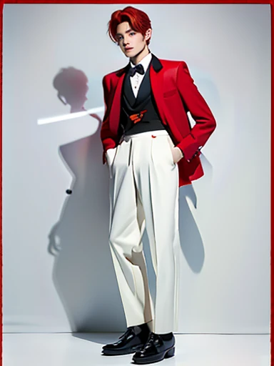 Full Body Photo 、 8K HD High Quality Image 、 Studio Background 、 Natural Face, Accurate 、Korean man 、 1 Taeyong from NCT U 、White skin 、 Red hair 、FULL red tuxedo set 、black shoes 、Standing in a Full Height from Head to toe 、Cool Korean man haircut 、Holding a rose 、NO MAKE UP 、Red FACE MASK 、Red fedora 、Red tuxedo pants 、Round Glasses 、 Black necktie