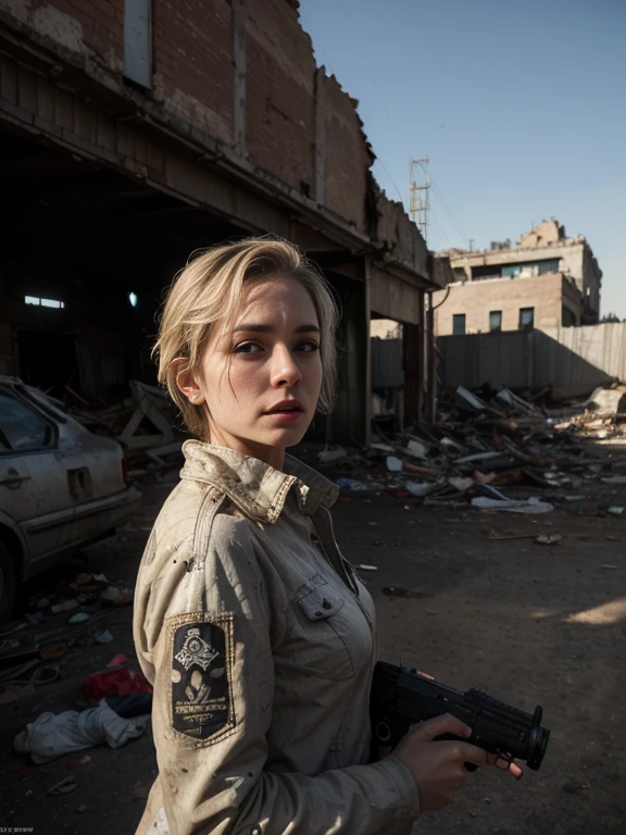 (Highest quality:1.3), cinematic shot, masterpiece, (sharp focus:1.5), (photorealistic:1.3), medium portrait of a Russian woman 76 years old, white Dirty Short Hair, dusty face, Dressed in the armor of the future, Russian flag, Against the backdrop of a desolate post-apocalypse, Ruined New York, Ruins of the Liberty Statue (ladyliberty), AR-16 rifle in hand, the wind, dust, Destroyed buildings, Skeletons of burnt cars, Oppressive atmosphere, Dirty skies, photo realism, Sharp focus, Human bones and skulls are scattered everywhere, garbage heaps,Wreckage of buildings, Fallout, Photo 3/4, Realistic Facial Skin, Dust on clothes, Oppressive atmosphere,