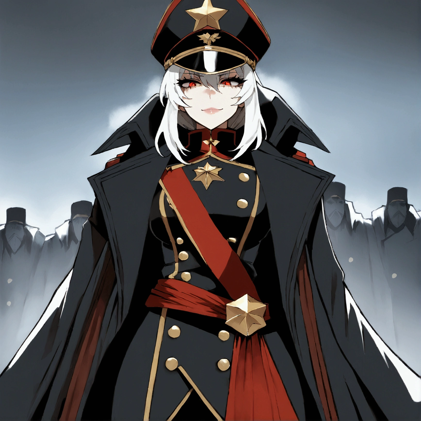 (masterpiece), best quality, high detailed, easynegative, ng_deepnegative_v1_75t, Beautiful female, cold, Tall, imposing figure with long, pure white hair. Commissar's cap. sharp eyes, Commissar uniform (black leather greatcoat, crimson sash, gold-trimmed peaked cap.) with a sultry sadistic smile.