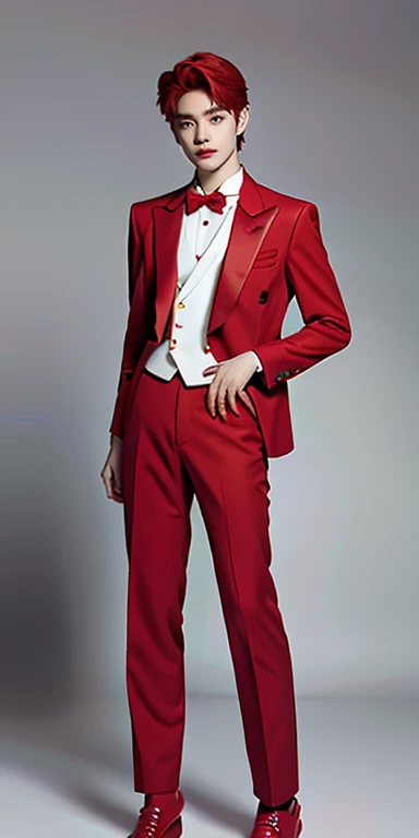 Full Body Photo 、 8K HD High Quality Image 、 Studio Background 、 Natural Face, Accurate 、Handsome Korean man 、 1 Taeyong from NCT U 、White skin 、 Red hair 、FULL red tuxedo set 、black shoes 、Standing in a Full Height from Head to toe 、Cool Korean man haircut 、Holding a rose 、NO MAKE UP 、Red FACE MASK 、Red fedora 、Red tuxedo pants 、Black necktie, Round Glasses