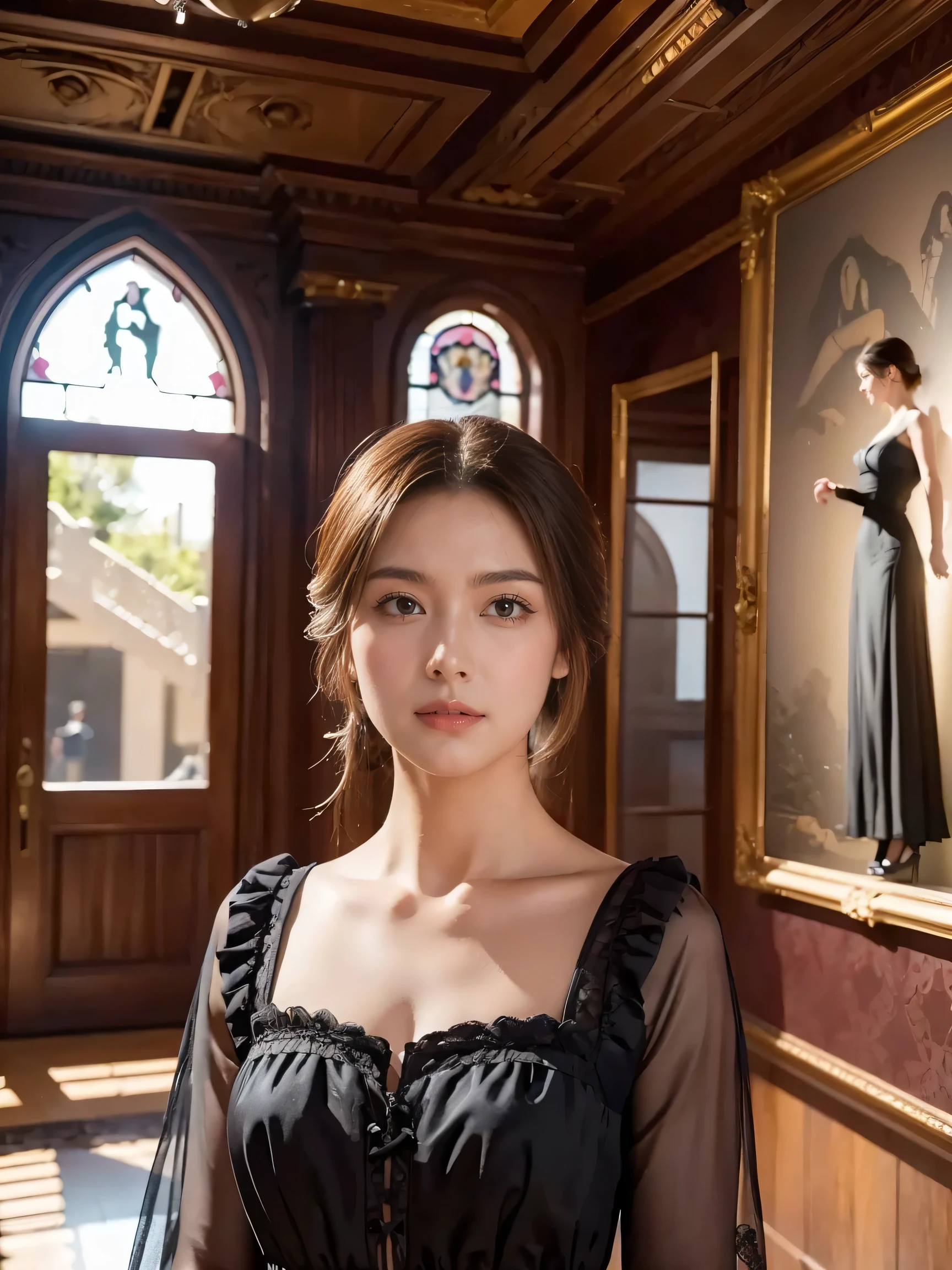 A woman in a black dress standing in front of a painting - SeaArt AI