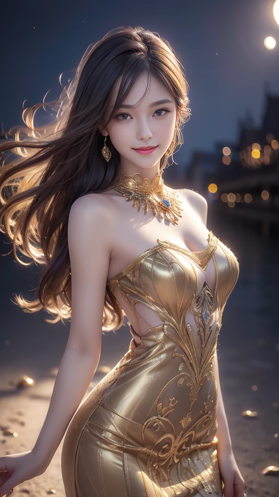 Body portrait, 8K, Slender beautiful eyes, Tyndall effect, masterpiece, Top quality, high quality, high resolution, Very detailed photos, (Natural skin texture, Delicate skin, Surrealism, Super sharp), High Detail Skin, (very good, Delicate skin texture, Intricate details, Pretty Face, Realistic face, Realistic eyes, Beautifully detailed eyes, Realistic skin, Beautiful Skin, Surrealism, Very detailed golden ratio, Smiling eyes, Night moonlight background, Body portrait, Glamorous, Sexy knitted dress,