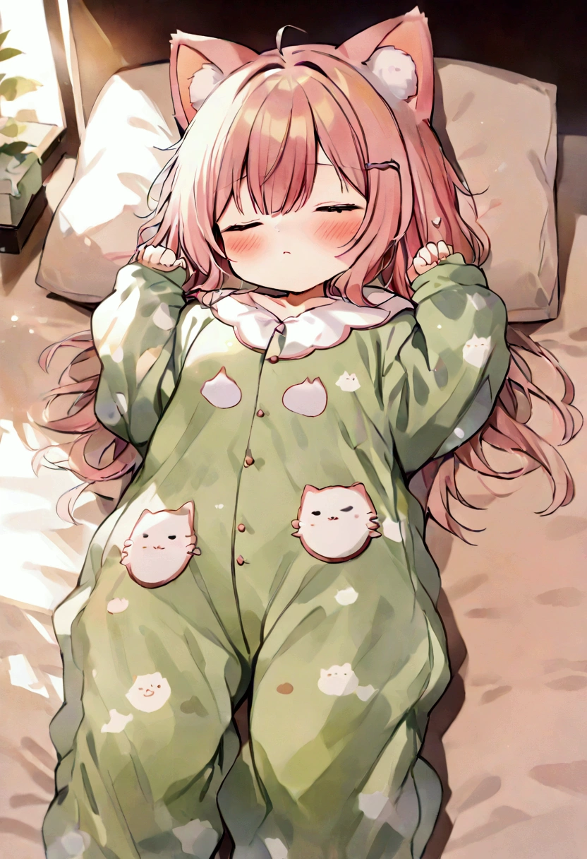 masterpiece, 2.5D,  Delicate and dynamic, Sleeping on your back, cute girl with cat ears ,  wearing baggy pajamas, Soft and fluffy,  with her arms and hands spread wide , Fluffy, （Watercolor:1.3）,Waking up, Morning Light, Detailed Background