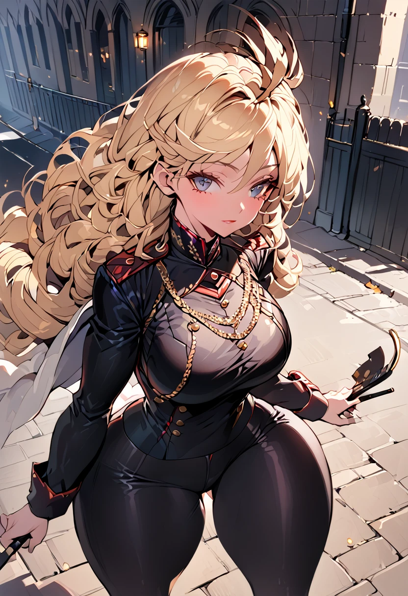 A woman, smooth skin, white skin, big eyes, long eyelashes , small torso, Wide hips, ( The best quality ),  masterpiece, blonde hair, Milf, mature woman, (Early Modern Soldier ) , ( she's wearing a military general's uniform), (she is wearing tight black pants ), (ultra high Bloom), (High quality Shaders), (shadows), (Ultra shadow quality), (She's on the streets of London in 1850 ) 