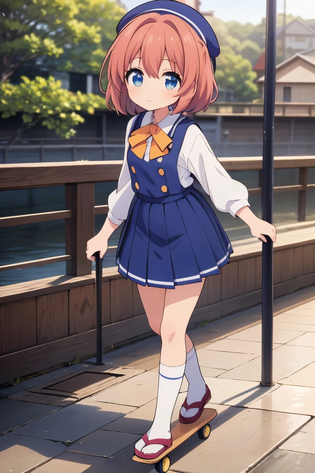 anime girl in a blue hat and school uniform riding a skateboard, the anime girl is running, in style of kyoto animation, anime visual of a cute girl, anime cgi style, kyoto animation, young anime girl, smooth anime cg art, anime girl walking on water, kyoto animation still, anime style. 8k, sayori, anime moe artstyle
