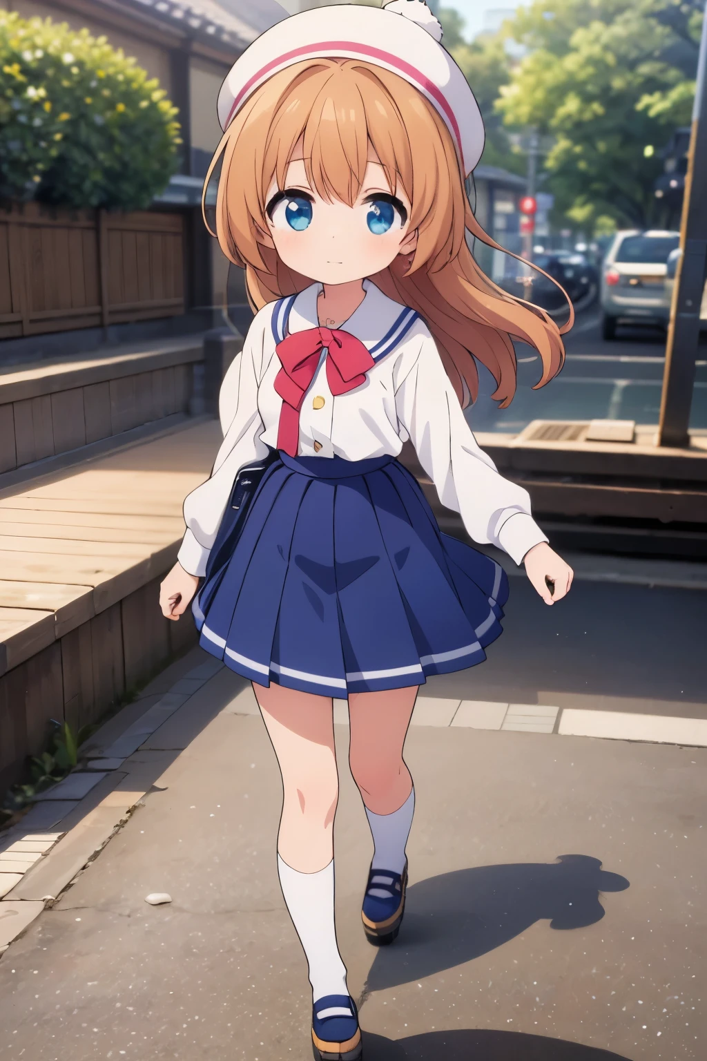 anime girl in a blue hat and school uniform riding a skateboard, the anime girl is running, in style of kyoto animation, anime visual of a cute girl, anime cgi style, kyoto animation, young anime girl, smooth anime cg art, anime girl walking on water, kyoto animation still, anime style. 8k, sayori, anime moe artstyle
