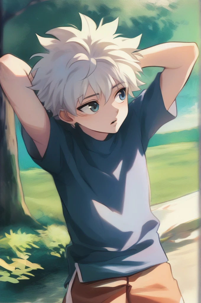 Killua_zoldyck, 1 boy, Alone, short hair, blue eyes, shirt,  hair between the eyes , white hair,  short sleeves ,  Male Focus , cowboy atirou, outdoor,  parted lips , shorts, is, arms above, tree,  looking to the side , blue shirt, spiky hair, t-shirt, arms behind head,  Male Child, score_8_above, Assessment_safe 